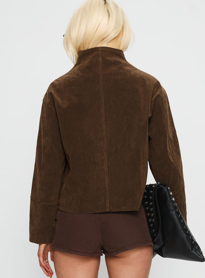 Jessalynn Faux Suede Zip Through Jacket Brown