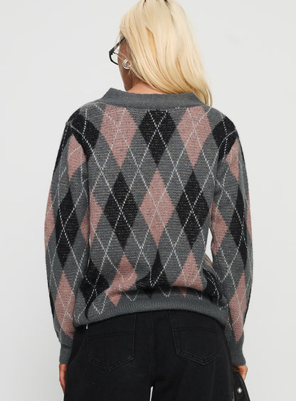 Zeeva Button Through Knit Cardigan Grey Argyle