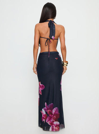 Tigress Halter Maxi Dress Navy Floral