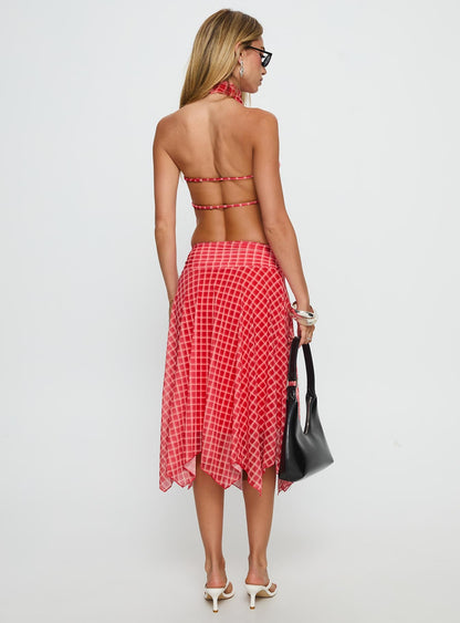 Scenic Route Asymmetrical Midi Skirt Red Check