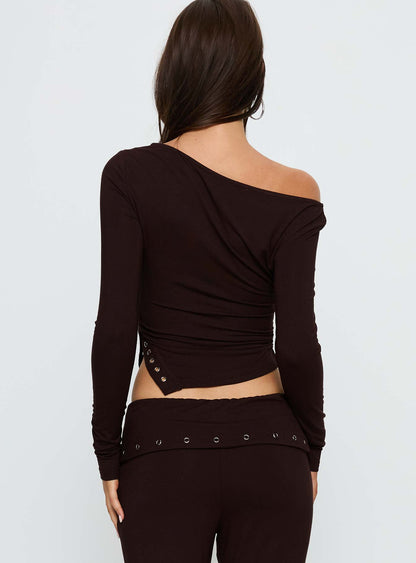 Wynna Eyelet Detail One Shoulder Top Chocolate