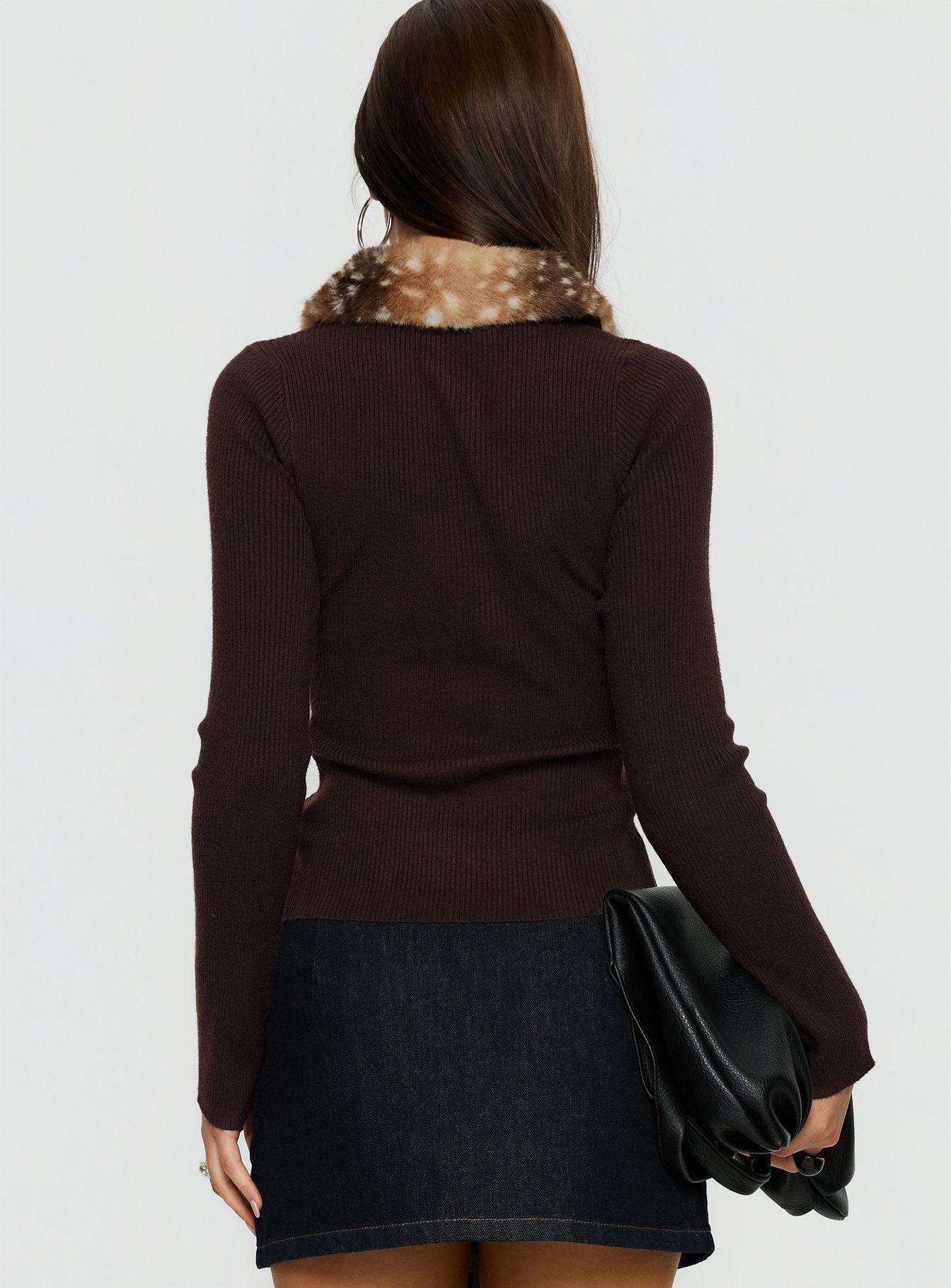 Chiqueeta Faux Fur Trim Knit Cardigan Brown