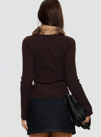 Chiqueeta Faux Fur Trim Knit Cardigan Brown