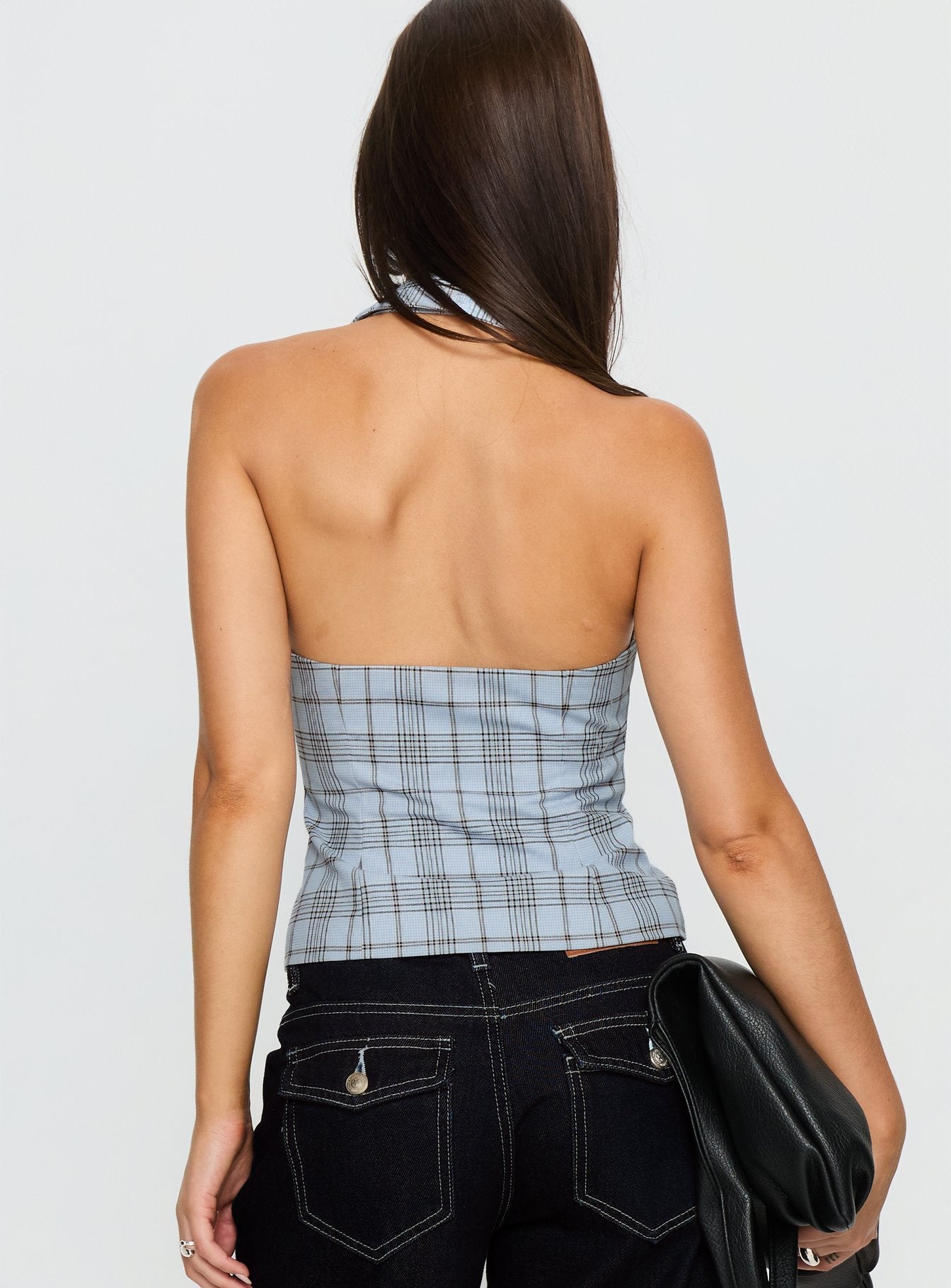 Lure Button Up Sleeveless Top Baby Blue Plaid