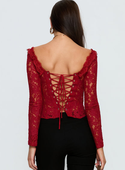 Miquela Long Sleeve Corset Lace Top Red