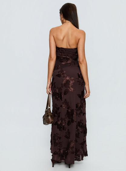 Maribeth Strapless Floral Maxi Dress Chocolate Brown