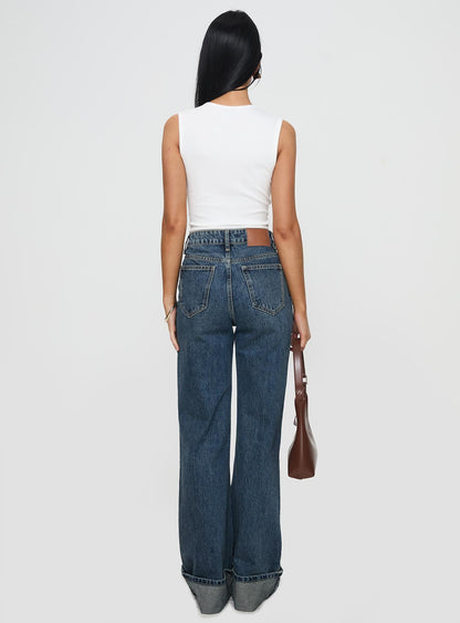 Florida Keys Mid Rise Straight Leg Cuffed Jeans Mid Blue