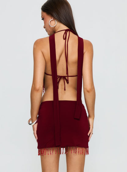Ginah Bead Tassel Mini Skirt Red