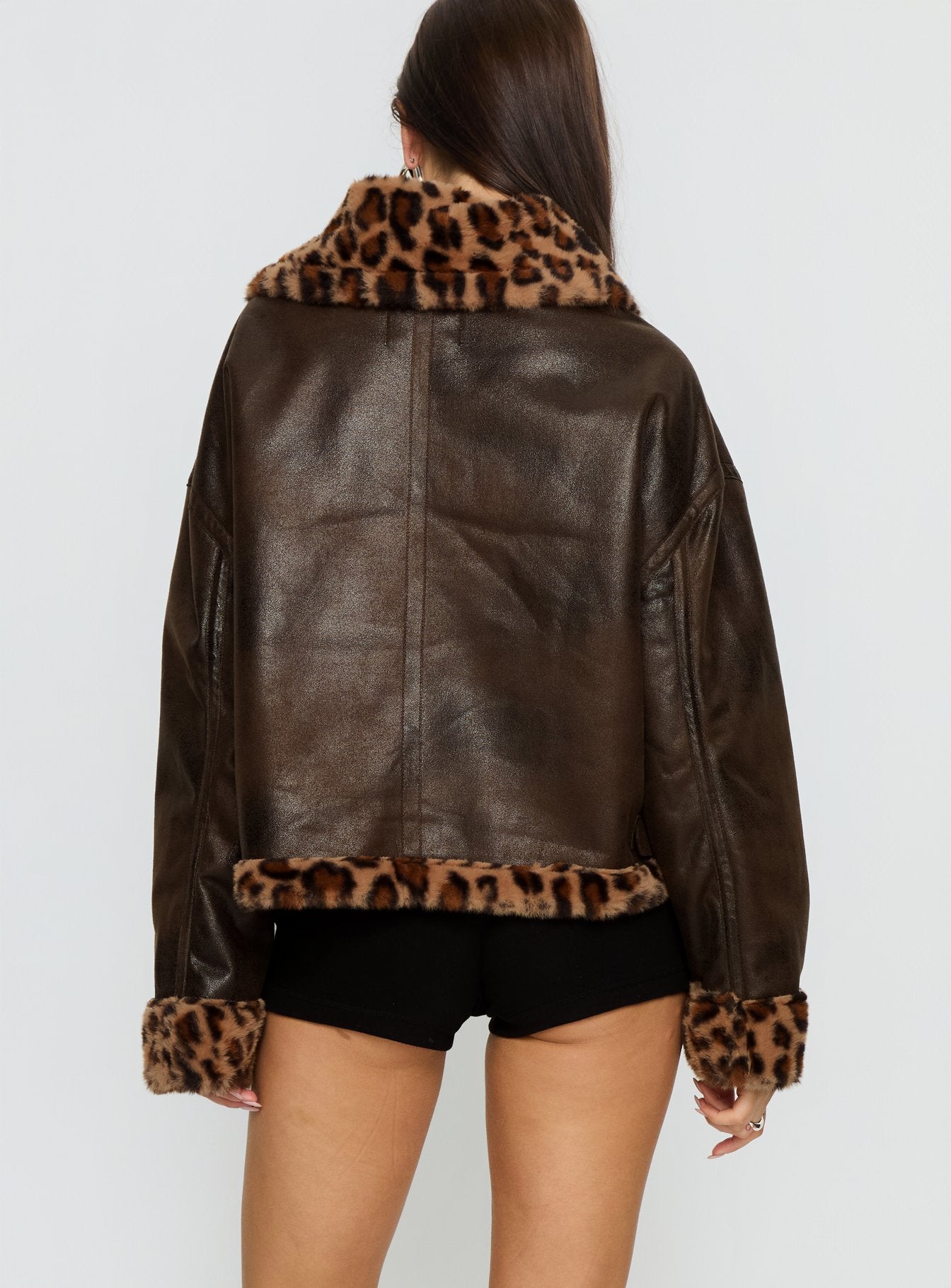 Brandyn Faux Fur Trim Jacket Brown / Leopard