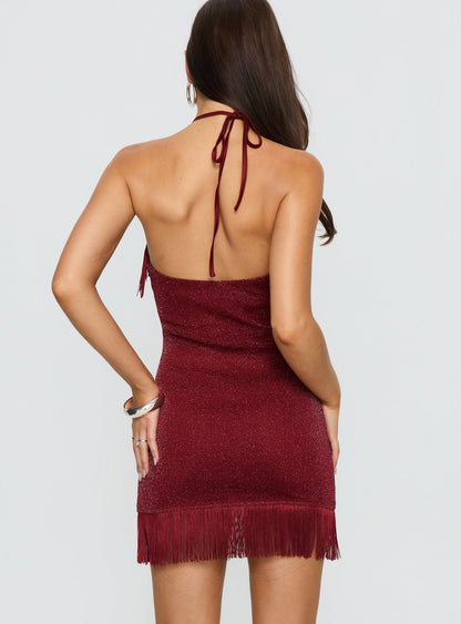 Isabelita Halter Fringe Mini Dress Burgundy