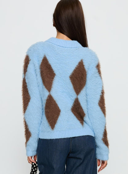 Lynnsey Fluffy Collared Knit Sweater Blue Argyle