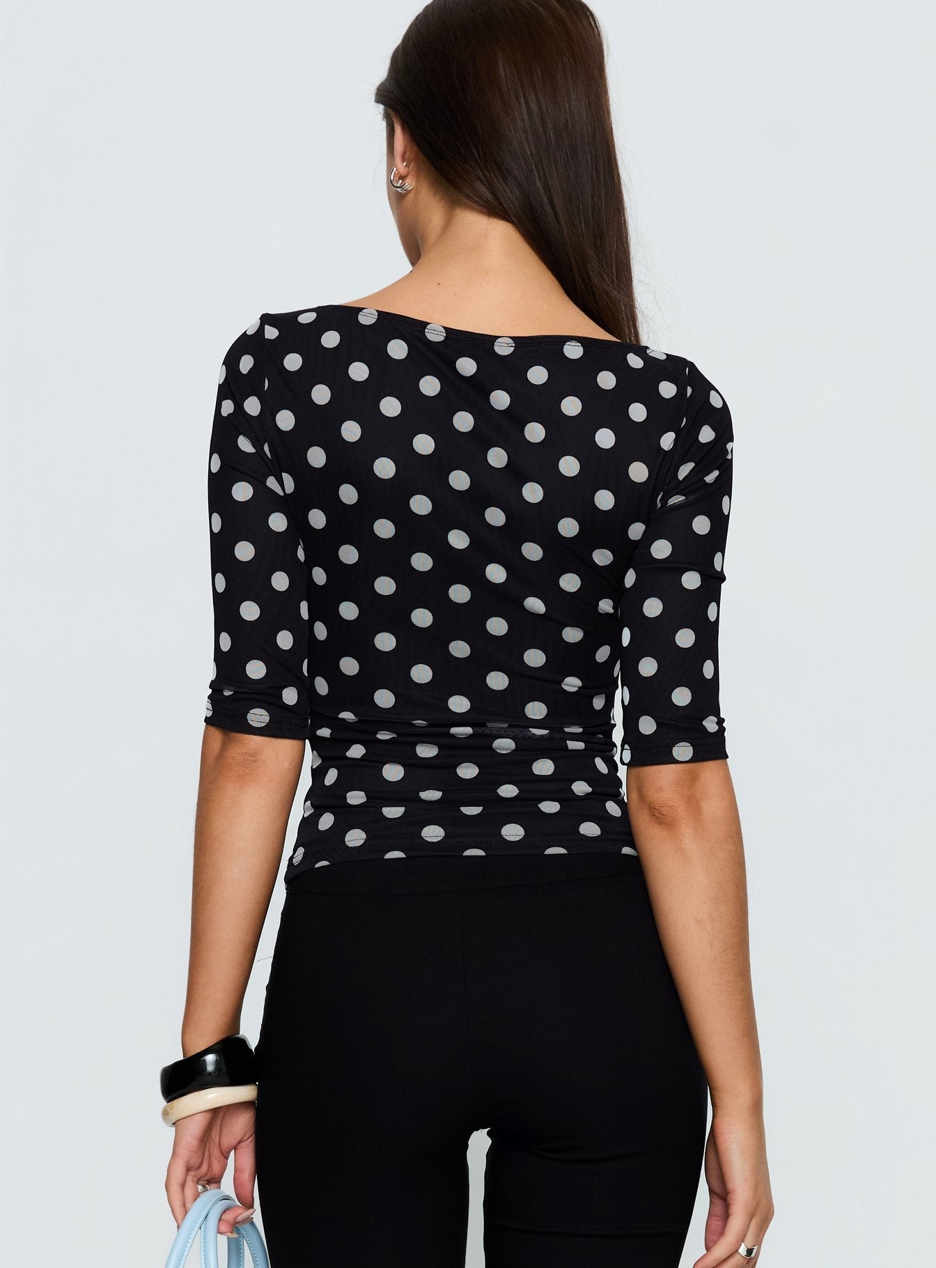 Venna 3/4 Sleeve Boat Neck Top Black / White Polka