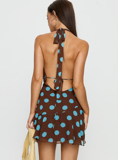 Karolie Halter Plunge Mini Dress Brown / Blue Polka Dot