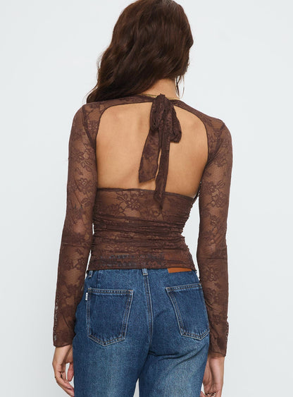 Nydia Long Sleeve Sheer Top Chocolate