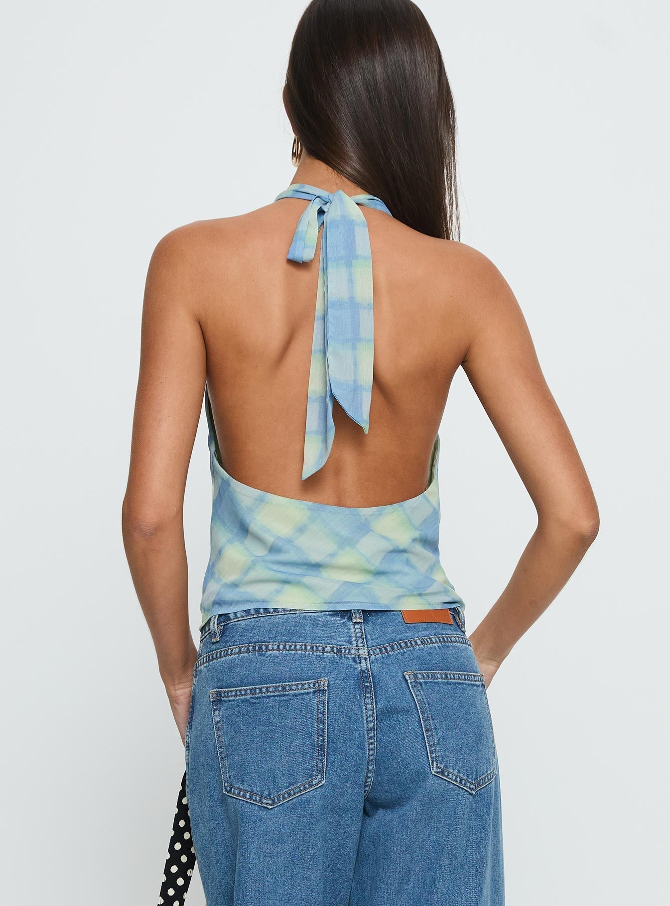 Karelyn Plunge Neck Top Teal Check