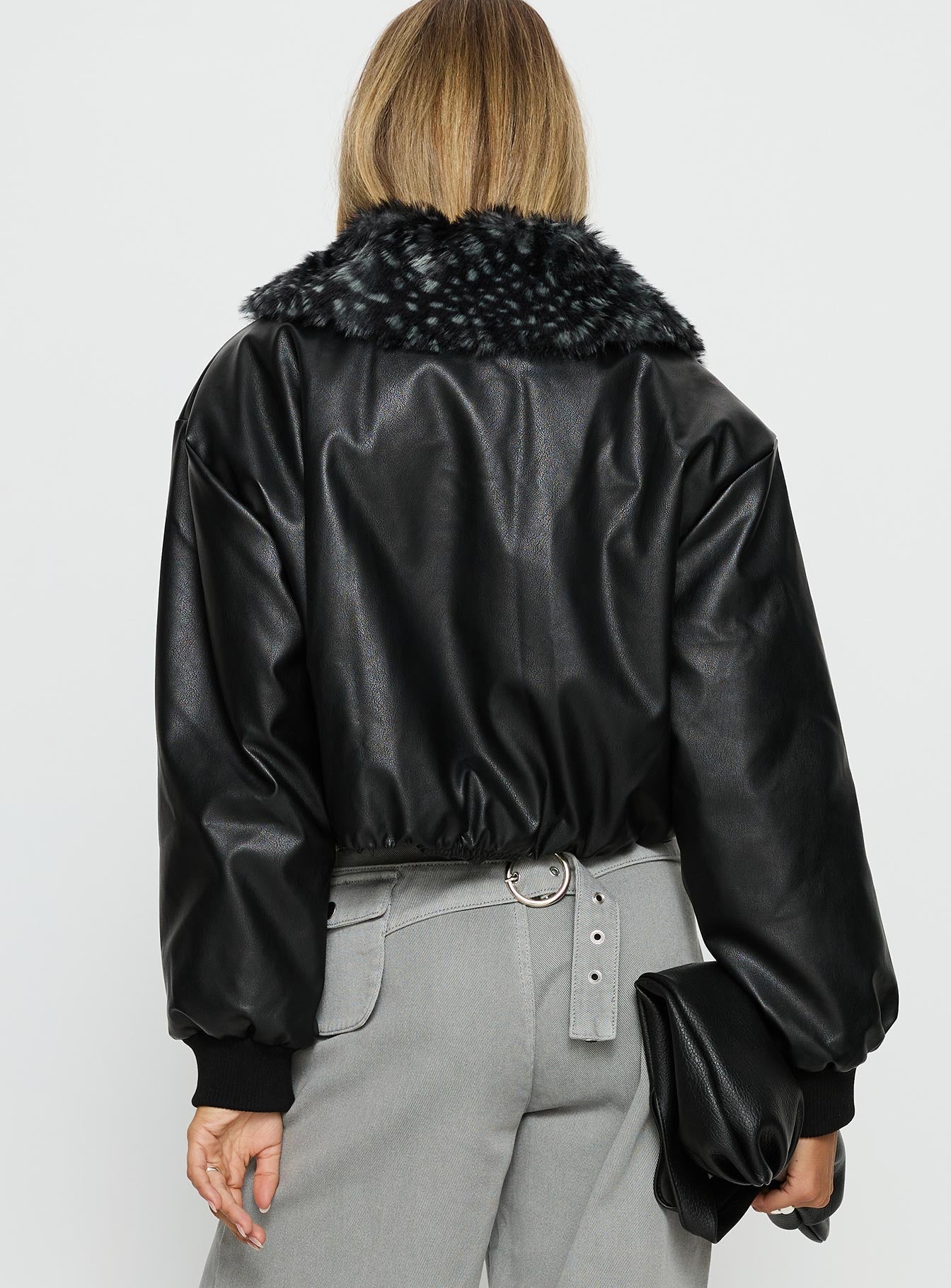 Koemi Faux Leather Collared Jacket Black