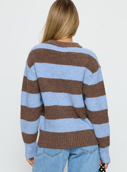 Queena Zip Through Knit Sweater Blue Stripe