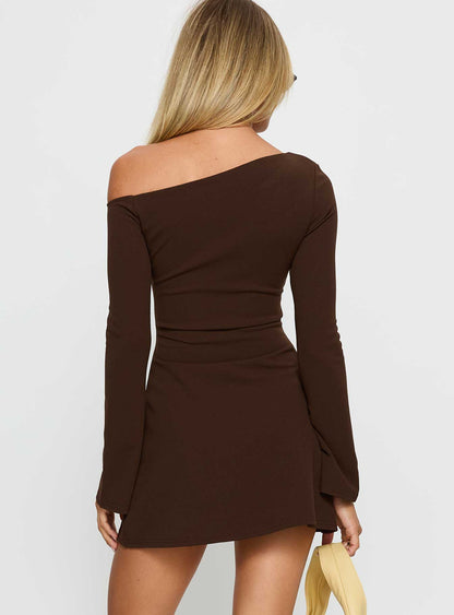 Adrietta Long Sleeve Off Shoulder Knit Mini Dress Brown