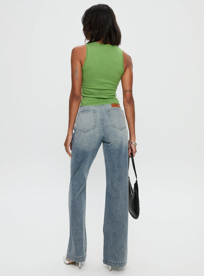 Slow Ride Mid Rise Bootleg Belted Jeans Light Blue