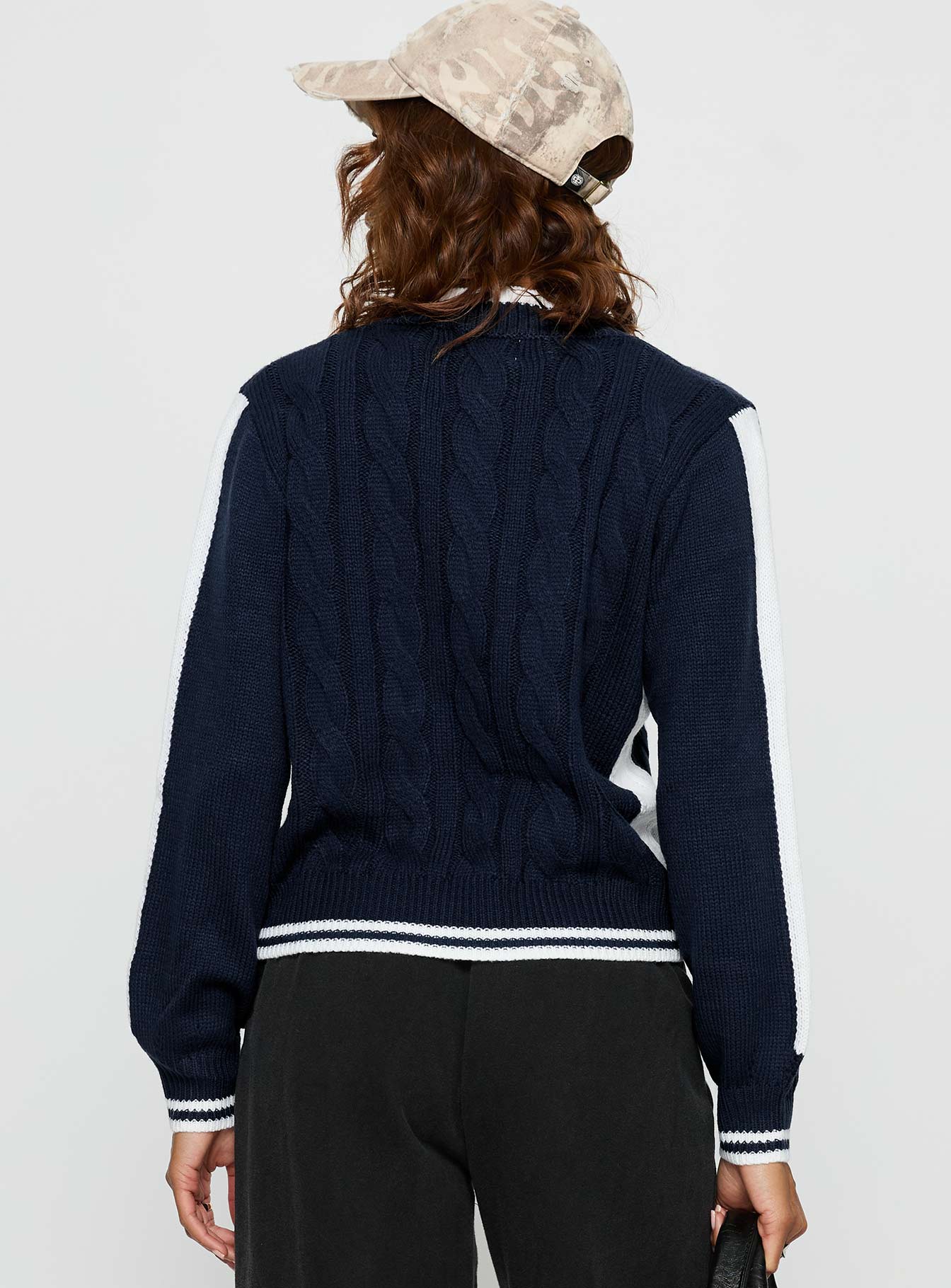 Tevyn Cable Knit Zip Through Knit Sweater Blue / Cream