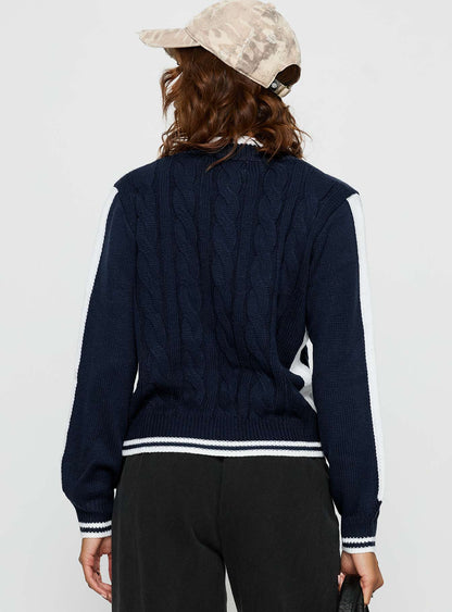 Tevyn Cable Knit Zip Through Knit Sweater Blue / Cream