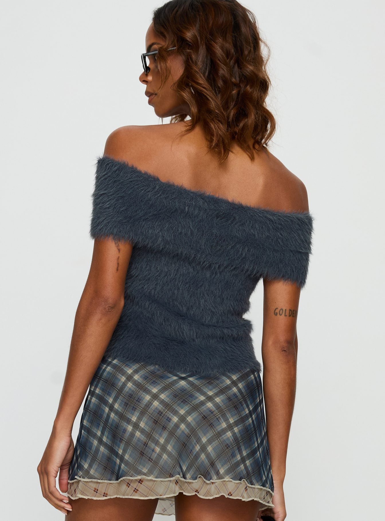 Wrylie Off Shoulder Fluffy Top Charcoal