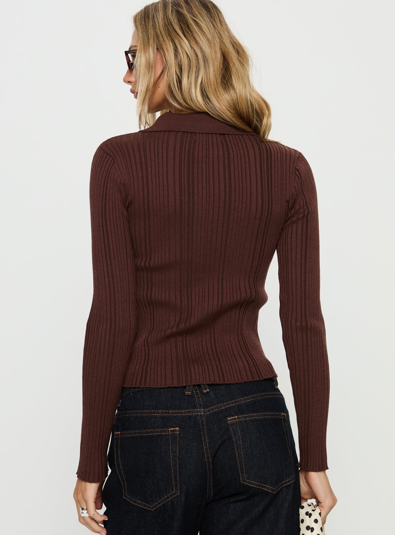 Tiaira Textured Zip Through Collared Long Sleeve Top Brown