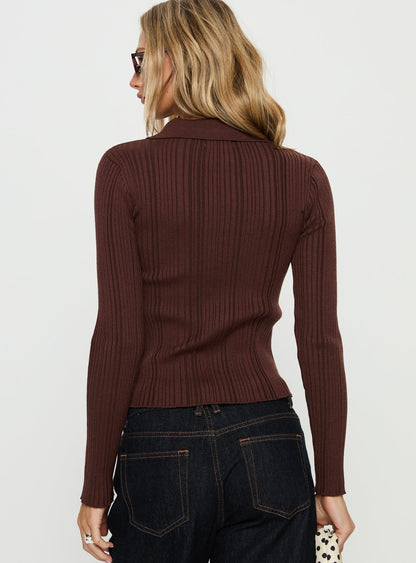 Tiaira Textured Zip Through Collared Long Sleeve Top Brown
