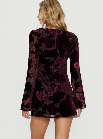 Alitra Long Sleeve Mini Dress Floral Devore Burgundy
