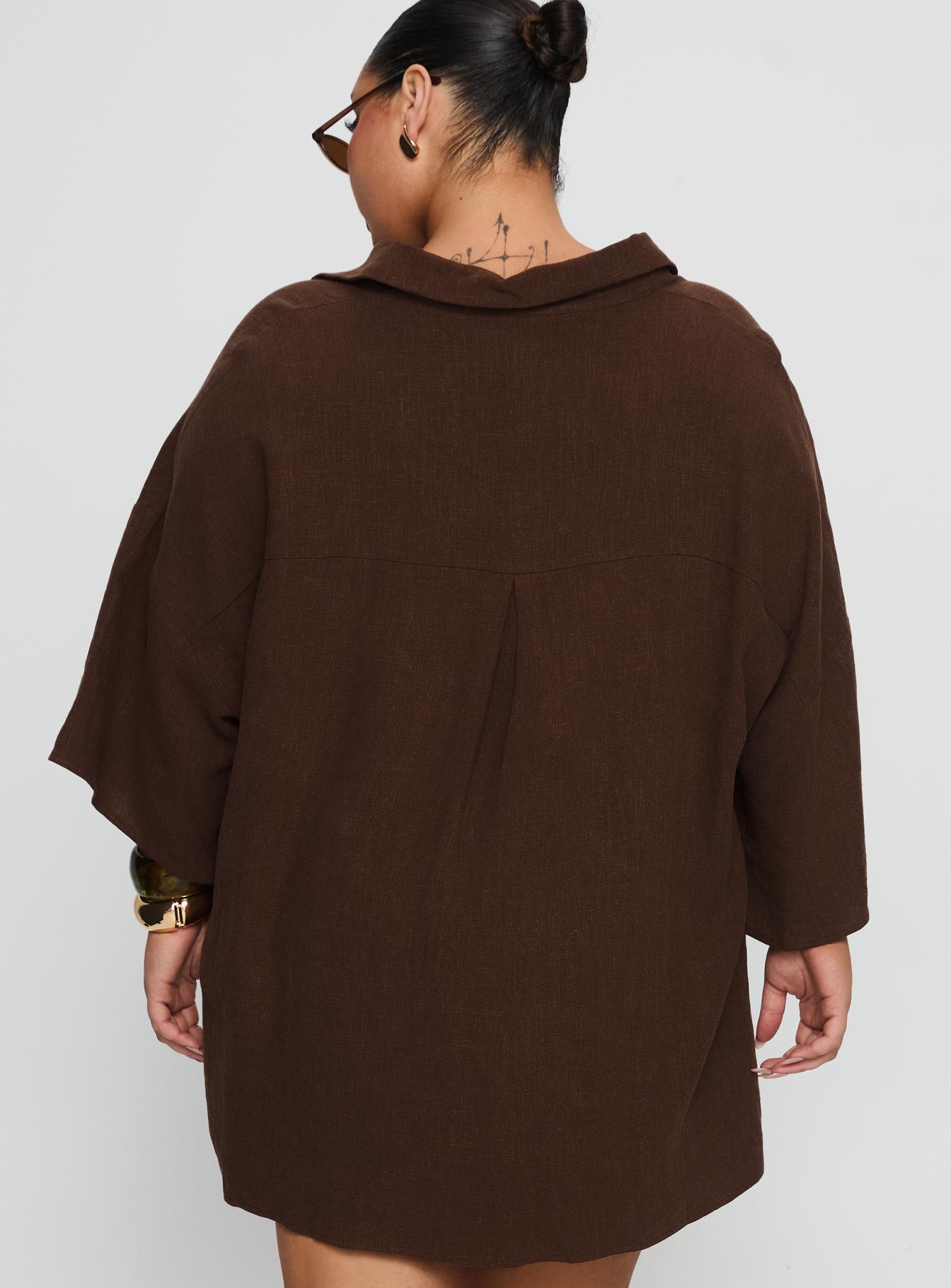 Peni Linen Button Down Top Chocolate Curve