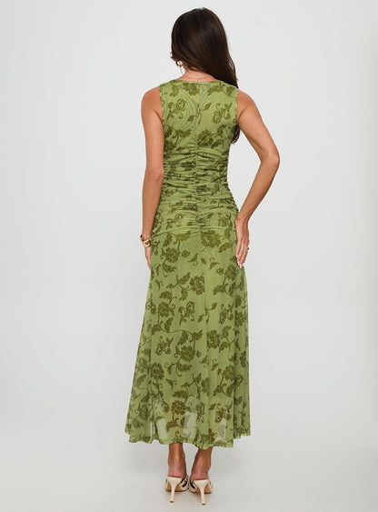Stefanya Gathered Maxi Dress Green Floral