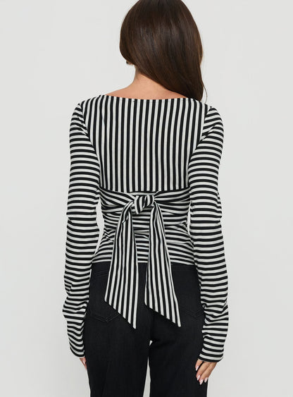 Madelon Long Sleeve Wrap Top Black / Grey Stripe