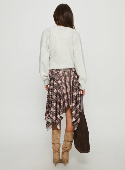 Scholar Asymmetrical Midi Skirt Brown Check