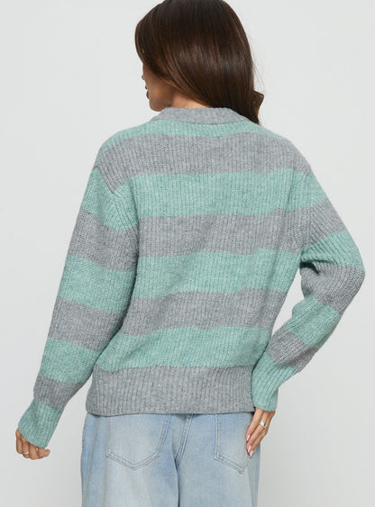 Queena Zip Through Knit Sweater Grey / Blue Stripe