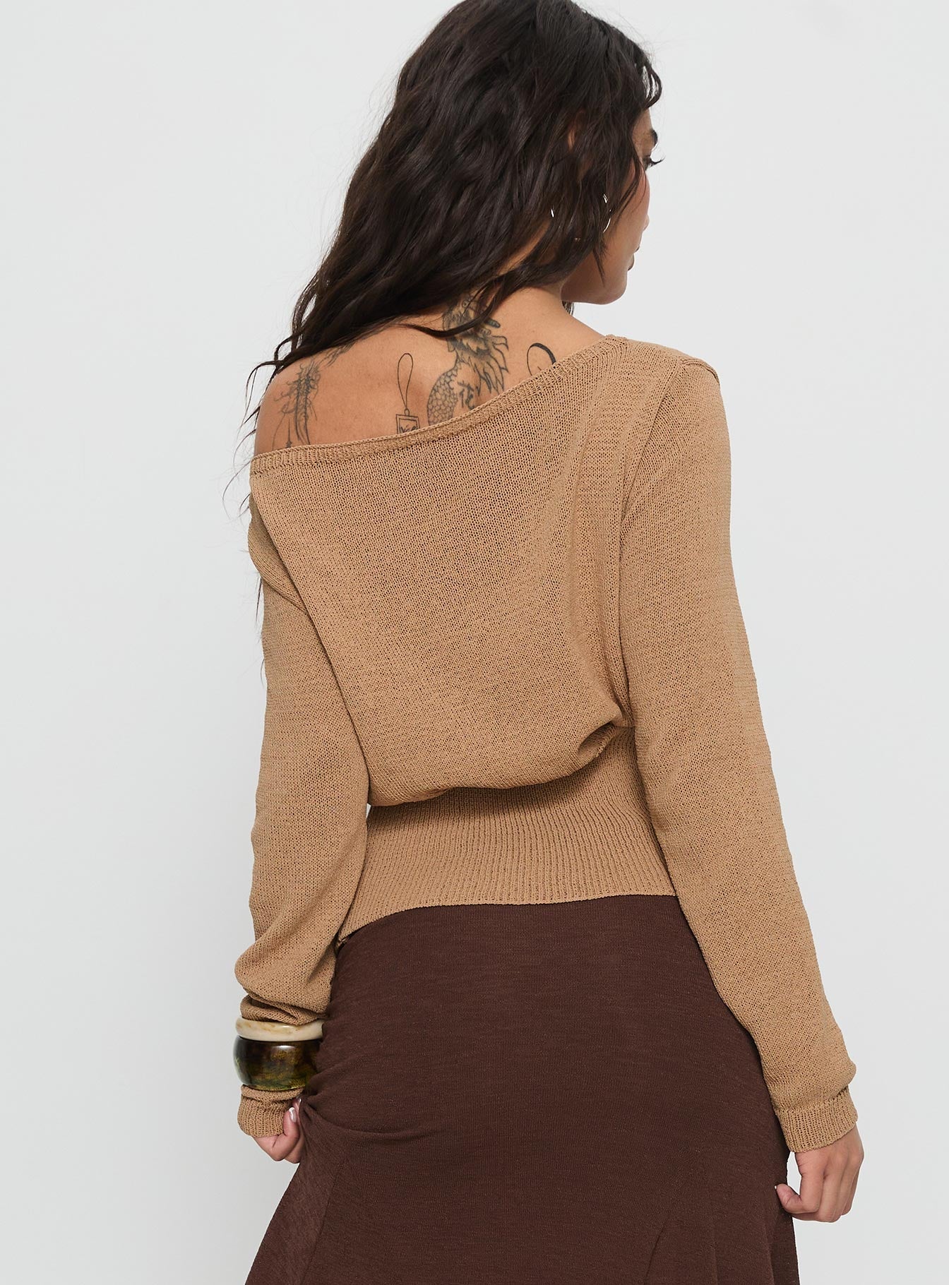 Xaria Off Shoulder Knit Sweater Tan