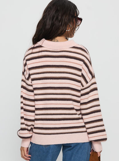 Jeanny Collared Knit Sweater Brown / Pink Stripe