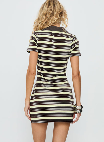 Zuria Collared V-neck Mini Dress Brown / Yellow Stripe