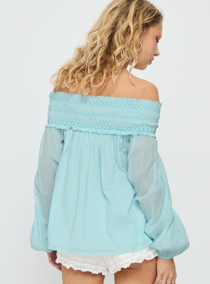 Heidy Off Shoulder Shirred Long Sleeve Top Blue
