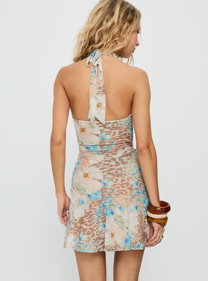 Anistyn Halter Mesh Mini Dress Leopard Floral