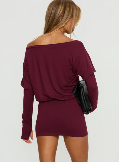 Jesselyn Long Sleeve Off Shoulder Mini Dress Burgundy