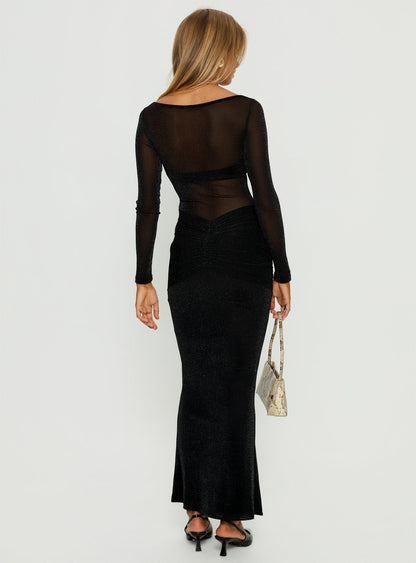 Joceline Long Sleeve Sheer Maxi Dress Black Shimmer