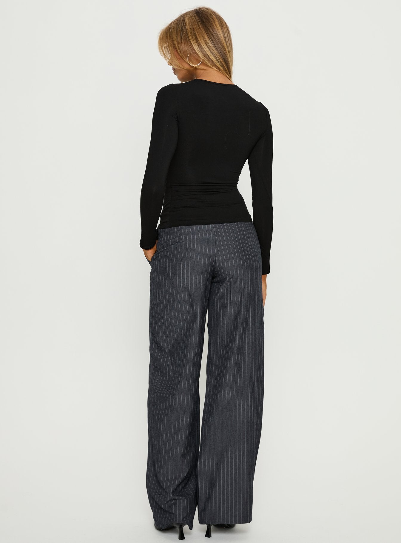 Khane Low Rise Wide Leg Pant Charcoal Pinstripe