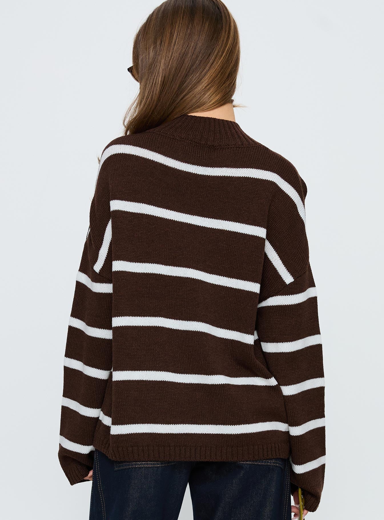Alara Mock Neck Knit Sweater Brown Stripe