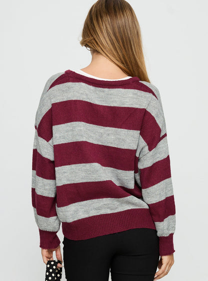 Devvon V Neck Knit Cardigan Red Stripe