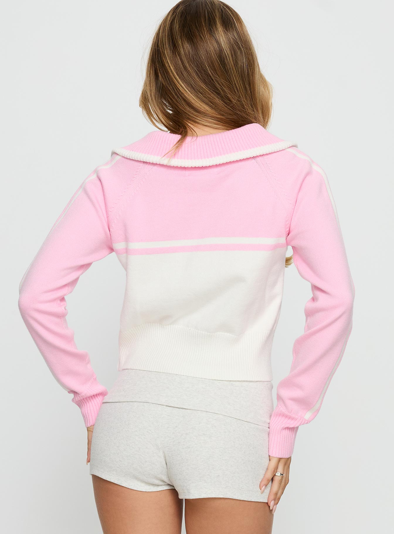 Take The Lead Zip Through Knit Sweater Pink / White