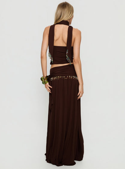 Spirita Beaded Sarong Maxi Skirt Brown