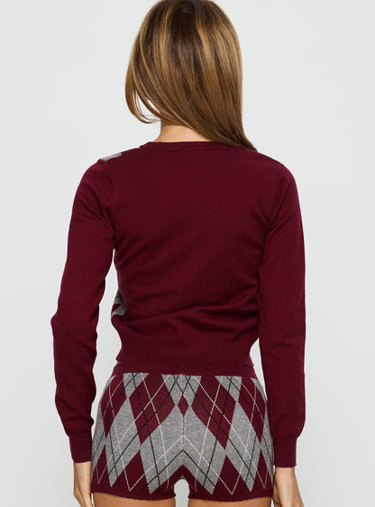 Raiven Knit Cardigan Burgundy Argyle