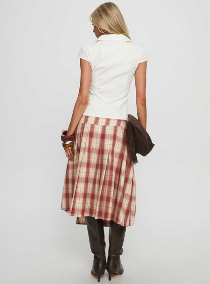 Norie Wrap Pleat Midi Skirt Red Plaid