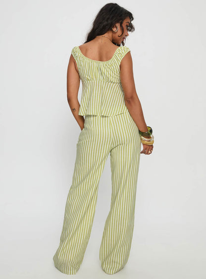 With Pleasure Tie Side Pant Green / Blue Stripe