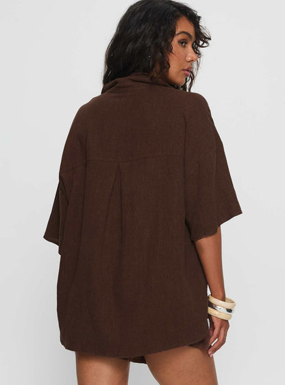 Peni Linen Button Down Top Chocolate